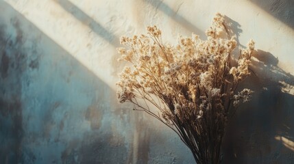 Poster - Natural backdrop featuring a close-up of dried flowers with sunbeams illuminating a textured wall creating a serene atmosphere