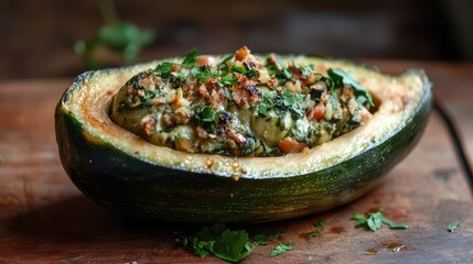 Aufkleber - Stuffed marrow with herbs and spices baked to perfection on a rustic wooden surface garnished with fresh cilantro