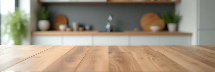 Aufkleber - A wood grain table tops a blurred kitchen countertop against a neutral interior design background in the home._00001_