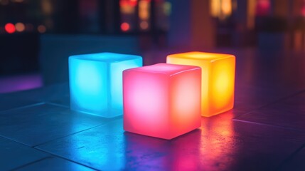 Poster - Illuminated geometric cubes representing creativity and innovation in a modern abstract setting at night