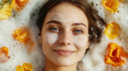 Poster - Relaxing spa treatment with young woman in bubble bath surrounded by flowers enjoying skincare and wellness at home