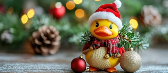Poster - Festively Dressed Duck Figurine Surrounded by Christmas Decorations and Bokeh Lights