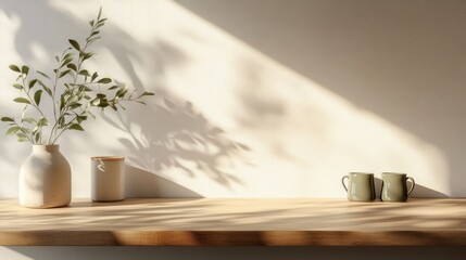 Poster - Cozy minimalist kitchen counter mockup with wooden top and soothing decor for product display and branding inspiration