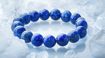 Poster - Lazurite gemstone bracelet elegantly displayed with ice crystals on reflective surface for stunning jewelry photography