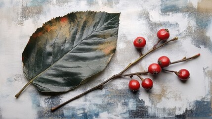 Poster - Vibrant green leaf paired with bright red berries on a textured background showcasing nature's beauty and seasonal harmony
