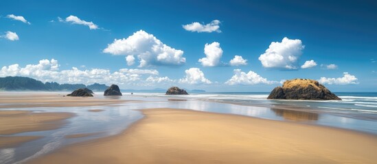 Poster - Scenic beach view at low tide showcasing rocky formations under a vibrant blue sky with fluffy white clouds and reflective sand.