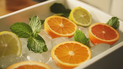 Poster - Refreshing citrus slices and mint leaves on ice for cocktails or summer drinks presentation