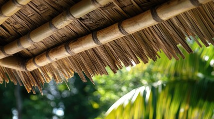 Aufkleber - Bamboo and palm leaf roof texture showcasing natural weaving details in a tropical environment