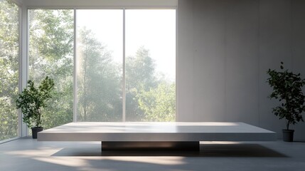 Poster - Minimalist desk space with large window showcasing greenery ideal for product display and creative presentations.
