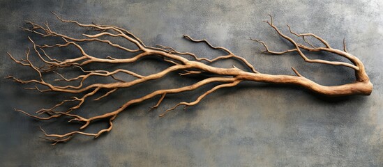 Poster - Artistic flat lay of unique tree branch arrangement showcasing nature's textures and forms for creative design inspiration.