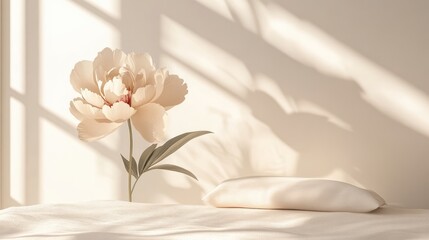 Poster - Elegant beige peony flower softly illuminated by sunlight shadows on a serene neutral background in a minimalist setting