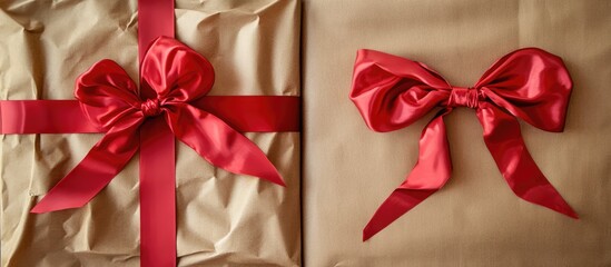 Poster - Elegant kraft paper gift wrapped with a vibrant red ribbon and bow perfect for special occasions and festive celebrations.