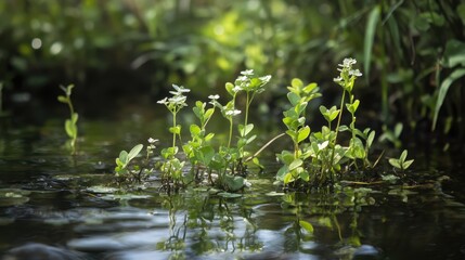 Poster - Marsilea quadrifolia aquatic plant thriving in summer sunlight with reflections on water surface and lush greenery in the background