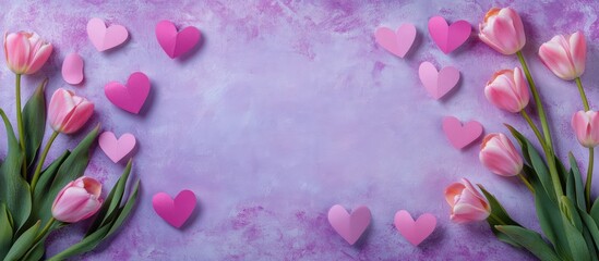 Poster - Mother's Day flat lay with tulips and pink hearts on pastel purple background featuring empty frame for personalized message or advertisement
