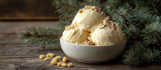 Poster - Pineapple ice cream with pine nuts displayed in a bowl surrounded by fir tree branches on a rustic wooden background