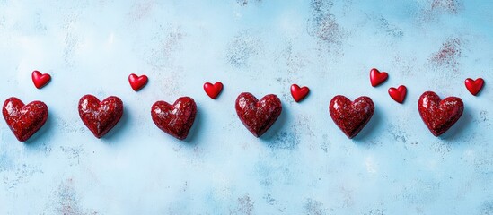 Poster - Red hearts arranged on a light blue background creating a romantic decorative theme with ample space for personalized text and messages