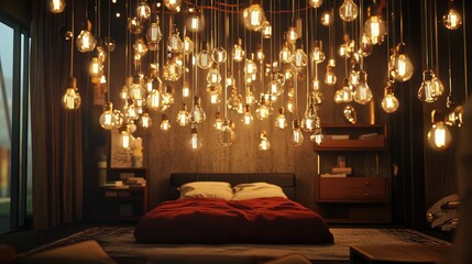 Poster - Cozy bedroom interior with stunning light bulb ceiling decor creating a warm and inviting ambiance through soft illumination.