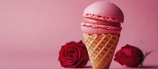 Aufkleber - Pink macaron cookies and waffle cone with red rose flowers on pink background featuring ample space for text and graphics