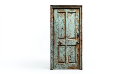 Poster - Weathered vintage door in blue hues showcasing rustic charm on a clean white background ideal for home decor or design concepts