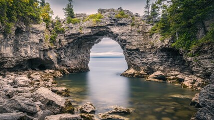 Aufkleber - Natural rock arch formation captured in long exposure with serene water and lush greenery in the background