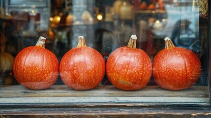 Poster - Four vibrant orange pumpkins displayed in a shop window, showcasing autumn charm and seasonal decor for harvest festivities.