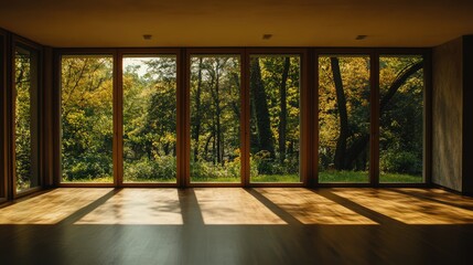 Poster - Spacious interior with large windows showcasing vibrant nature and autumn foliage creating a serene atmosphere in an empty room