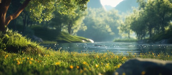 Poster - Lush green grass and vibrant wildflowers by a tranquil riverbank surrounded by serene trees and mountains in the background