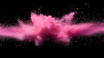 Poster - Colorful explosion of pink powder particles creating dynamic motion on a dark background for artistic or commercial use