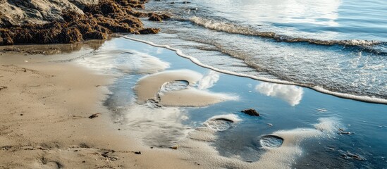 Aufkleber - Tranquil shoreline scene featuring unique imprints in the sand reflecting clouds and enhancing the natural beauty of the coastline