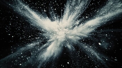 Poster - Dynamic white dust explosion captured in motion against a stark black background showcasing vivid details and textures of the particles.