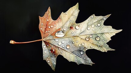 Poster - Close-up view of a colorful autumn leaf with water droplets on a dark background showcasing nature's beauty and detail