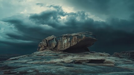 Poster - Majestic natural rock formation surrounded by dramatic stormy clouds in a serene landscape setting.