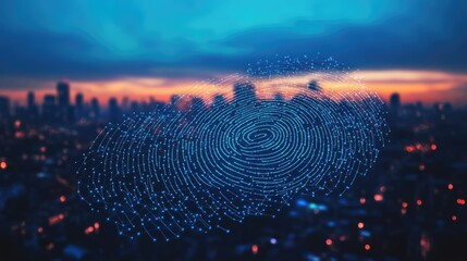 Poster - Digital fingerprint icon overlaying city skyline at dusk representing cybersecurity innovation and digital protection concept