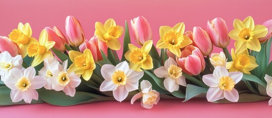 Aufkleber - Colorful spring floral arrangement of tulips and daffodils against a pink backdrop with ample copy space for holiday themes and messages