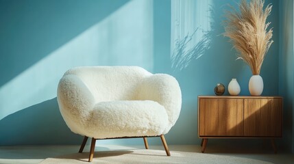 Poster - Cozy modern living room showcasing fluffy armchair and wooden commode against vibrant blue wall with stylish decorative accessories and ample light