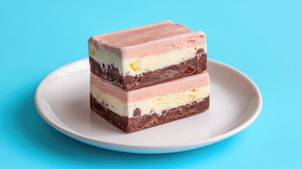 Poster - Layered ice cream pops in vibrant colors on a white plate against a bright blue background showcasing summer treats and dessert indulgence