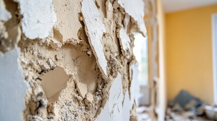 Poster - crumbling plaster wall damage revealing layers of decay in a deteriorating interior space with selec