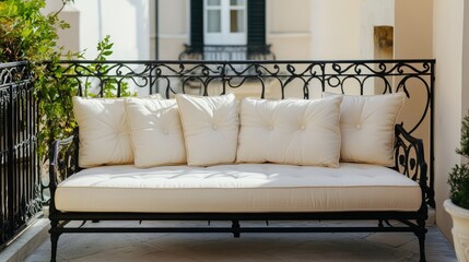 Poster - Elegant outdoor balcony featuring a beautifully designed empty sofa with plush cushions surrounded by greenery and natural light