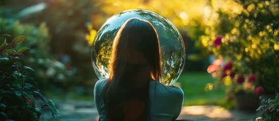 Poster - Model gazing through a crystal ball surrounded by nature reflecting vibrant colors and enchanting light during golden hour
