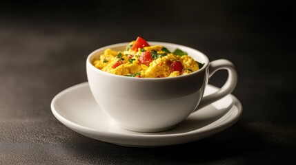 Poster - Spicy scrambled eggs in white crockery with vegetables against a dark background showcasing vibrant colors and textures of the dish