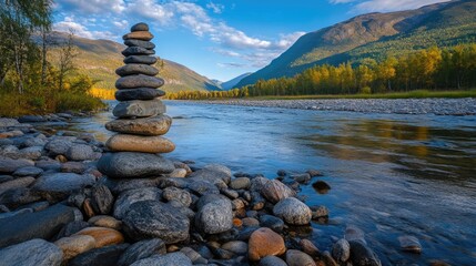Aufkleber - Piled natural rocks of various sizes along a serene river with mountains and vibrant autumn trees in the background