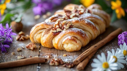 Aufkleber - Pecan pastry with cinnamon and floral decoration on a rustic table perfect for breakfast or dessert in a cozy setting