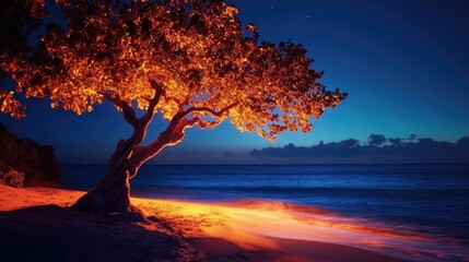 Aufkleber - Serene coastal twilight scene with glowing tree illuminating the sandy beach under a starry sky in vibrant hues of blue and orange
