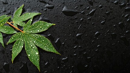 Poster - Green leaf with raindrops on black background creating a serene and natural atmosphere in a minimalist setting