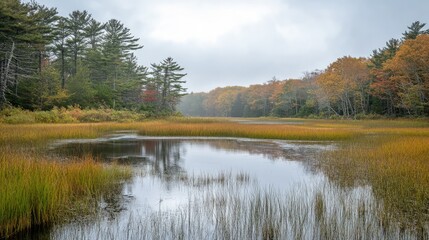 Poster - A serene marshland scene with tranquil pond reflections and autumn foliage under a misty sky.