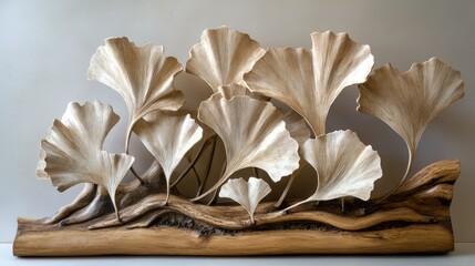Fototapete - Artistic wooden sculpture of Ginkgo leaves displayed on a textured base showcasing natural elements and craftsmanship in home decor.