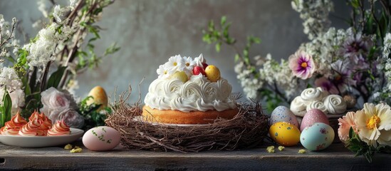 Aufkleber - Easter celebration with festive cakes and meringue sweets surrounded by colorful eggs and flowers on a rustic wooden table backdrop