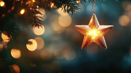Poster - Glowing Star Ornament with Soft Focus Lights Creating a Magical Christmas Background