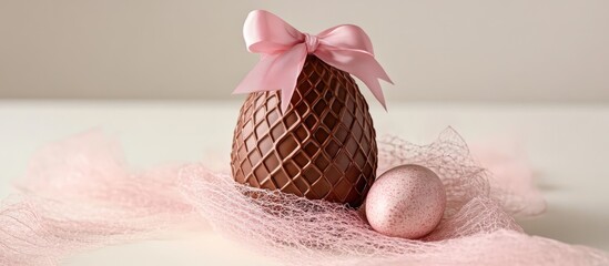 Aufkleber - Milk chocolate Easter egg wrapped in pink netting featuring a bow and a decorative pink egg for festive celebrations