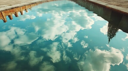 Aufkleber - Tranquil lake reflecting blue sky and fluffy clouds creating a serene natural landscape setting for relaxation and meditation.
